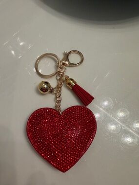 Gold Hardware Red Crystal Heart Keychain with Tassel